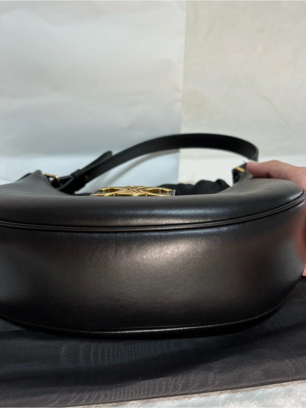 Celine Black Leather Shoulder Bag with Gold Triomphe Emblem - Picture 7 of 12